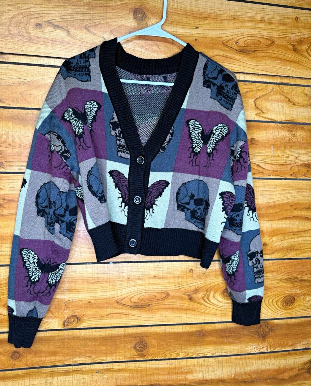 Social Collision Skull Goth Grunge Butterfly Color-Block Crop Cardigan SZ L/XL